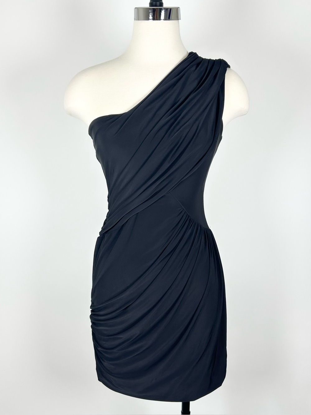 Soprano One Shoulder Little Black Mini Dress Small Ruched Stretchy Bodycon Black